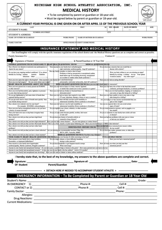 Michigan High School Athletic Association Medical History, Physical Exam & Clearance & Consent Forms