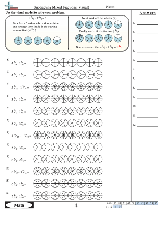 Subtracting Mixed Fractions Visual Worksheet With Answer Key Printable pdf