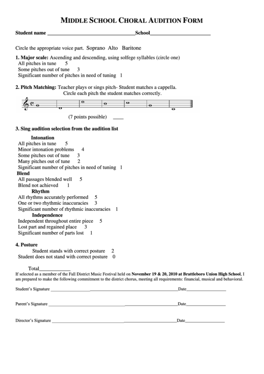 Middle School Choral Audition Form Printable pdf