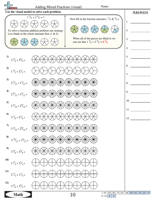 Adding Mixed Fractions Visual Worksheet With Answer Key Printable pdf