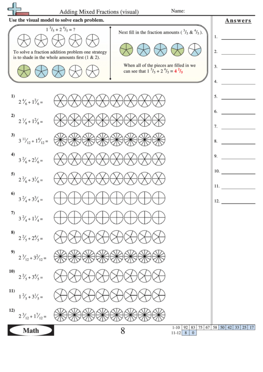 Adding Mixed Fractions (Visual) Worksheet With Answer Key ...