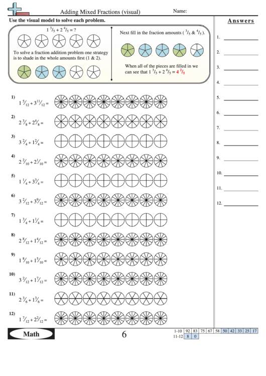 Adding Mixed Fractions Visual Worksheet With Answer Key Printable pdf
