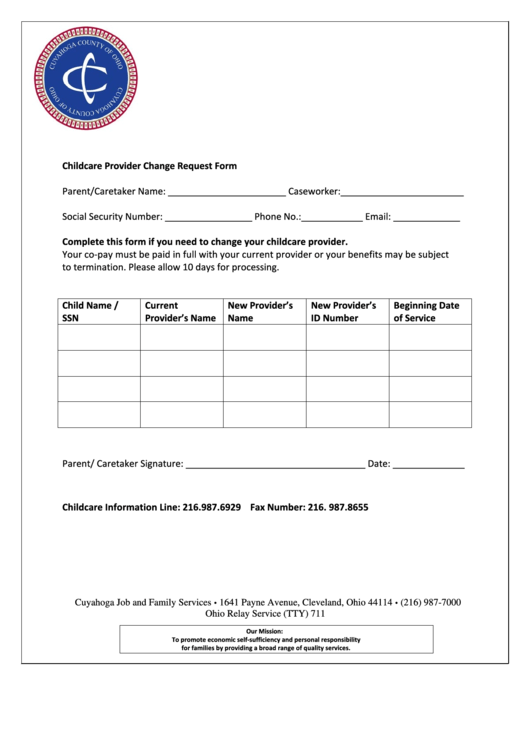 Childcare Provider Change Request Form Printable pdf