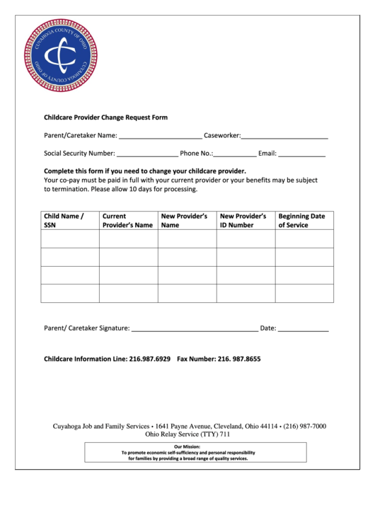 Childcare Provider Change Request Form Printable Pdf Download