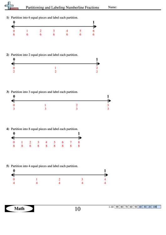 Partitioning And Labeling Numberline Fractions Worksheet With Answer Key Printable pdf