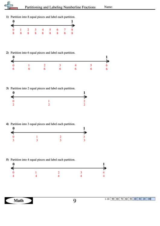 Partitioning And Labeling Numberline Fractions Worksheet With Answer Key Printable pdf