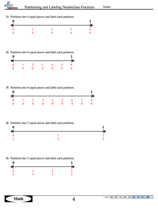 Partitioning And Labeling Numberline Fractions Worksheet With Answer Key Printable pdf