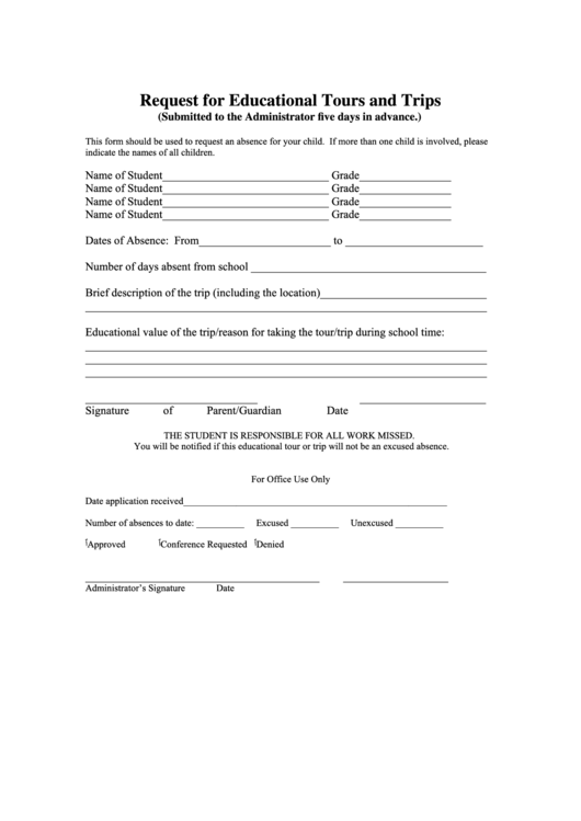 Request For Educational Tours And Trips Printable pdf