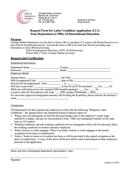 Fillable Request Form For Labor Condition Application (Lca) From Department To Office Of International Education Printable pdf