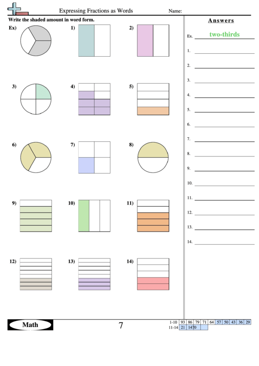Expressing Fractions As Words Worksheet Printable pdf