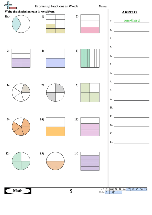 Expressing Fractions As Words Worksheet Printable pdf