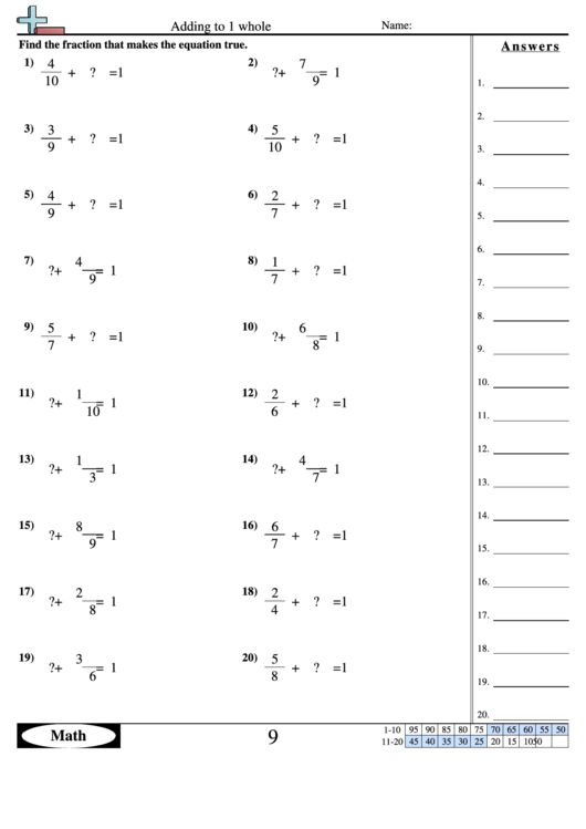 Adding To 1 Whole Worksheet With Answer Key Printable pdf