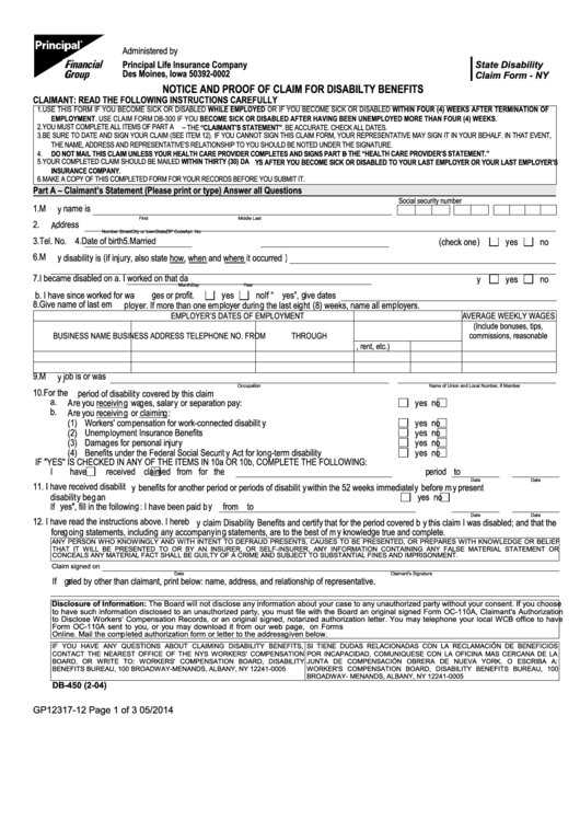 Db-450 Form - Notice And Proof Of Claim For Disabilty Benefits