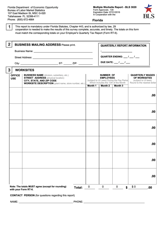 Form Bls 3020 - Multiple Worksite Report - Florida Department Of Economic Opportunity Printable pdf