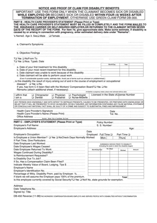 Db-450 Form - Notice And Proof Of Claim For Disability Benefits Printable pdf