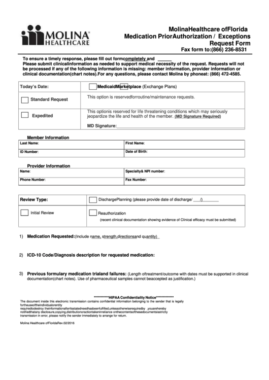 Molina Healthcare Of Florida Medication Prior Authorization / Exceptions Request Form Printable pdf