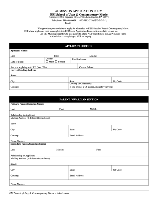 Admission Application Form - Eei School Of Jazz & Contemporary Music Printable pdf