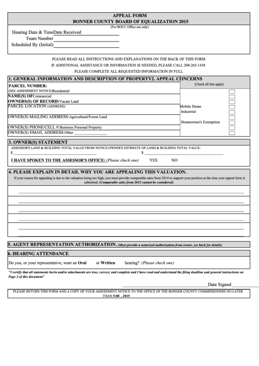 Fillable Appeal Form Bonner County Board Of Equalization Printable pdf