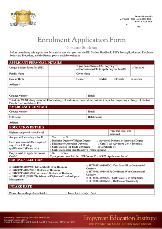 Enrolment Application Form Printable pdf