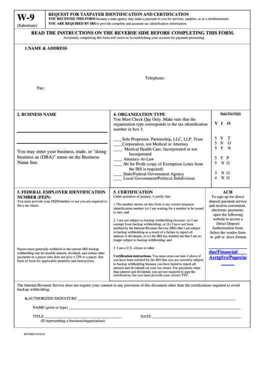 Form W-9 (Substitute) - Request For Taxpayer Identification And Certification - Oregon Department Of Administrative Services Printable pdf