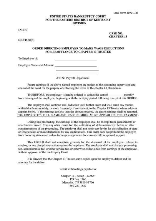 Order Form Directing Employer To Make Wage Deductions For Remittance To Chapter 13 Trustee Printable pdf