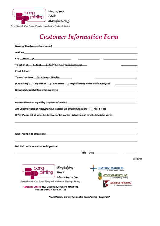 Customer Information Form - Bang Printing Printable pdf