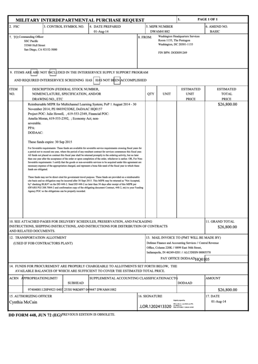 Dd Form 448 - Military Interdepartmental Purchase Request Printable pdf