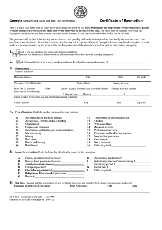 Form St-5 Sst - Georgia Streamlined Sales And Use Tax Agreement - Certificate Of Exemption - 2009 Printable pdf
