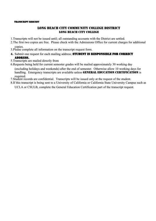 Long Beach City Community College District Transcript Request Printable pdf