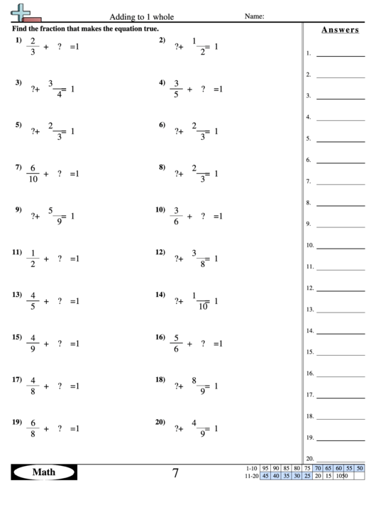 Adding To 1 Whole Worksheet With Answer Key Printable Pdf Download