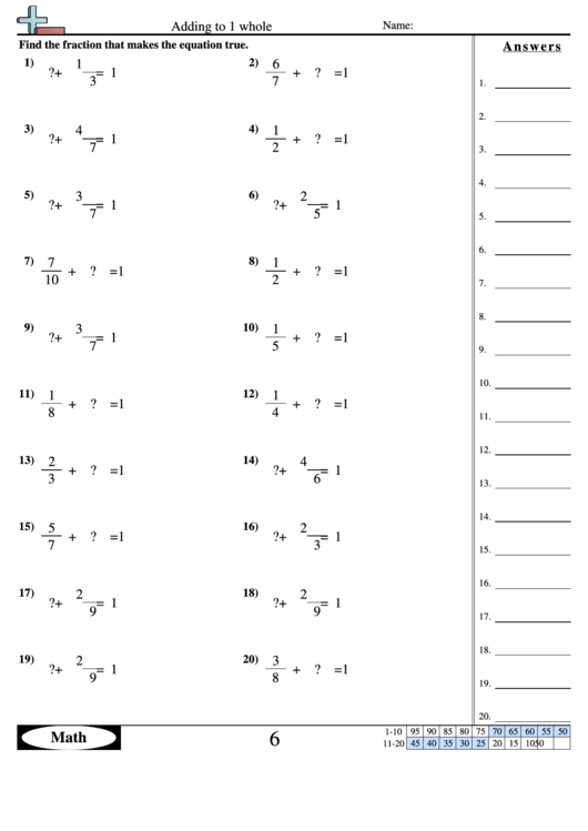 Adding To 1 Whole Worksheet With Answer Key Printable pdf