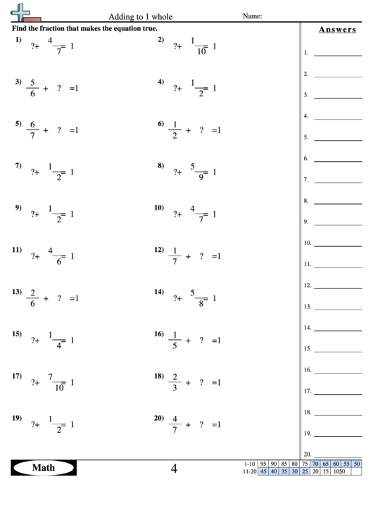 Adding To 1 Whole Worksheet With Answer Key Printable pdf