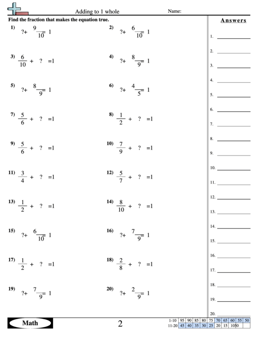 Adding To 1 Whole Worksheet With Answer Key Printable pdf