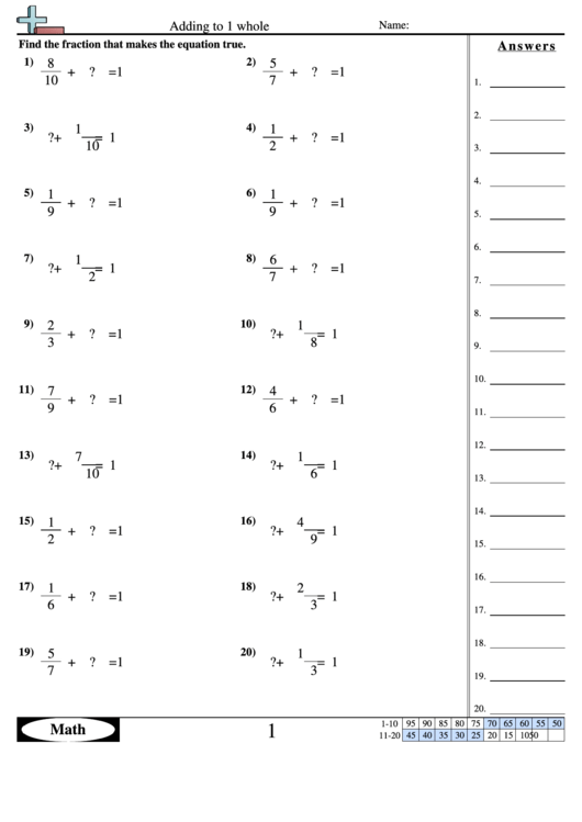 Adding To 1 Whole Worksheet With Answer Key Printable pdf