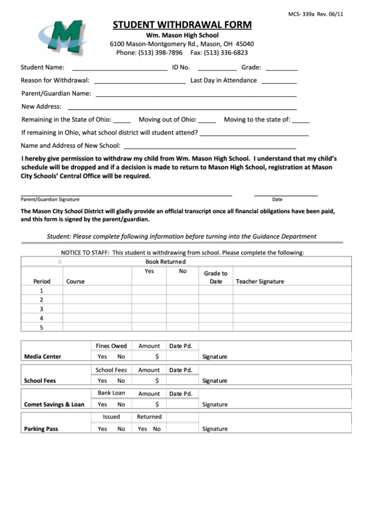 Wm. Mason High School Student Withdrawal Form Printable pdf