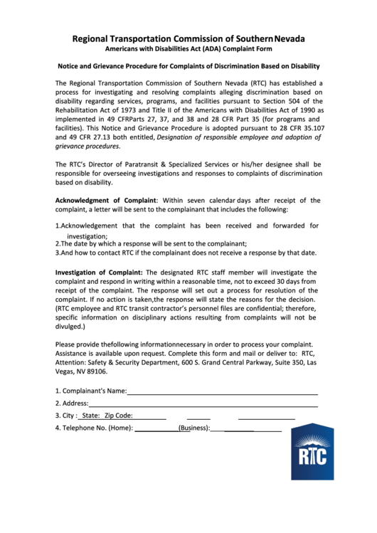 Ada Complaint Form - Rtcsnv Printable pdf