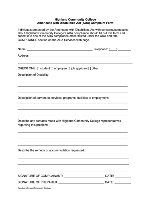 Highland Community College Americans With Disabilities Act (Ada) Complaint Form Printable pdf