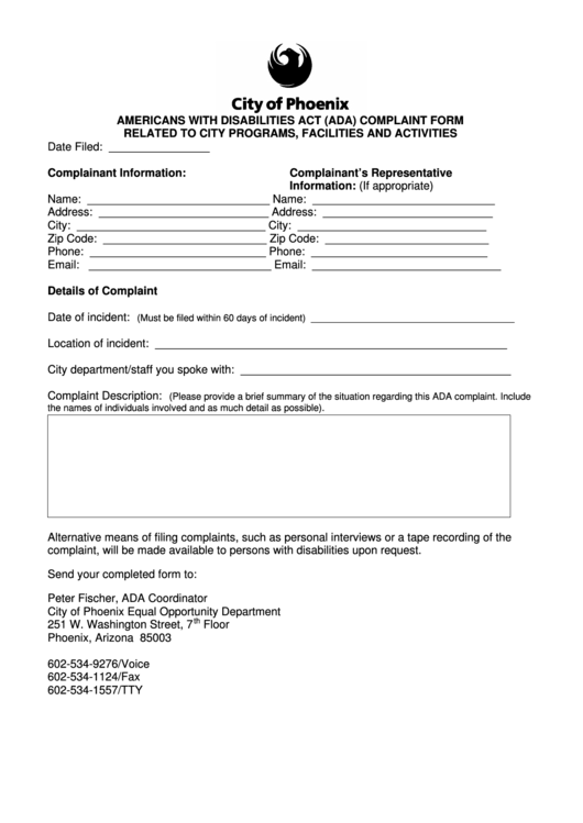 Americans With Disabilities Act (Ada) Complaint Form Related To City Programs, Facilities And Activities Printable pdf