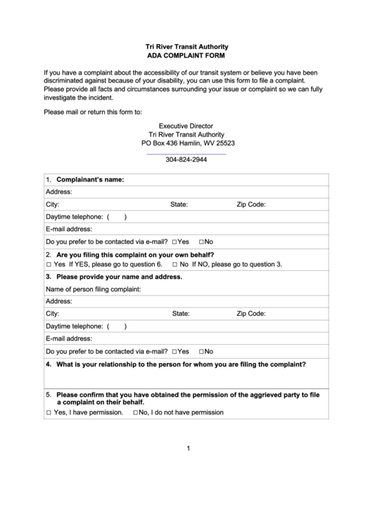 Tri River Transit Authority Ada Complaint Form Printable pdf