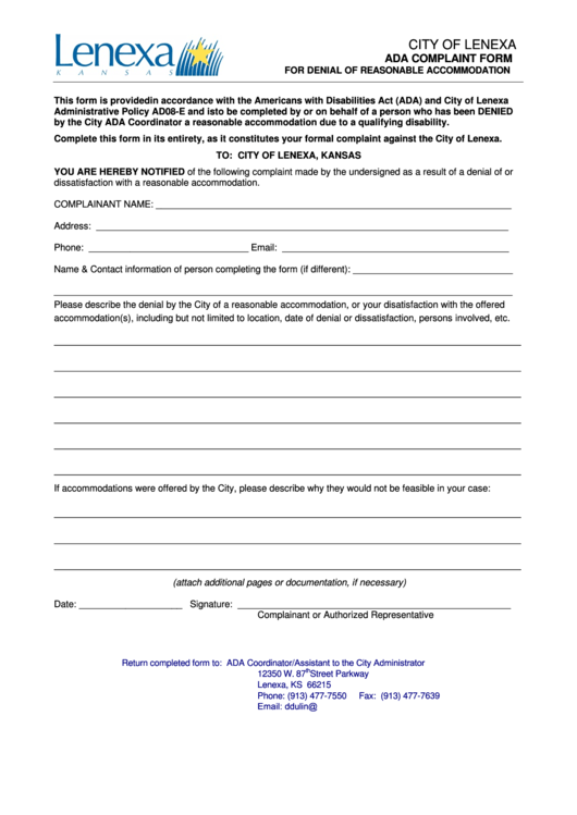 Fillable City Of Lenexa Ada Complaint Form For Denial Of Reasonable Accommodation Printable pdf