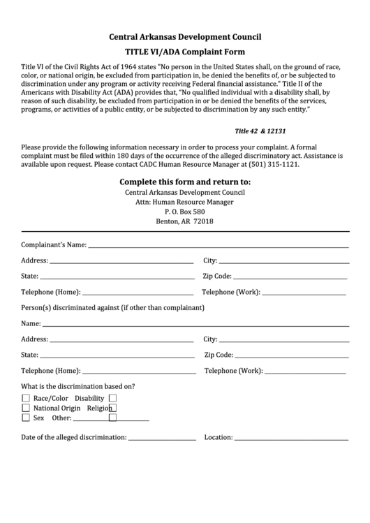 Central Arkansas Development Council Title Vi/ada Complaint Form Printable pdf
