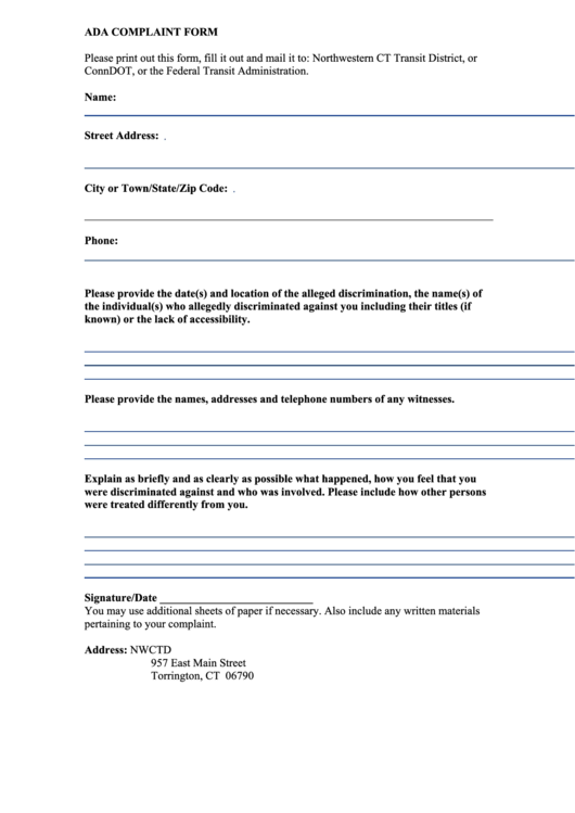 Ada Complaint Form Printable pdf