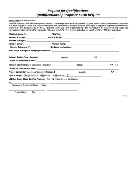 Fillable Request For Qualifications Qualifications Of Proposer Form Printable pdf