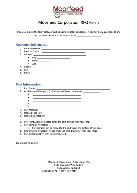 Fillable Moorfeed Corporation Rfq Form Printable pdf