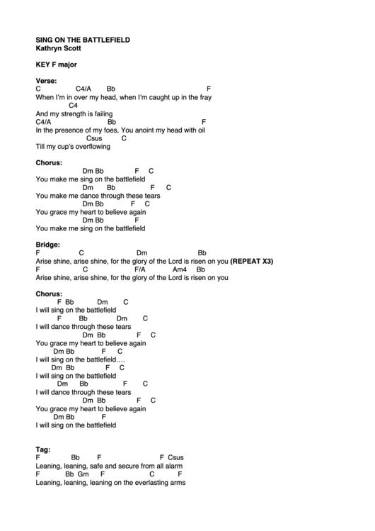 Kathryn Scott - Sing On The Battlefield Chord Chart (Piano) Printable pdf
