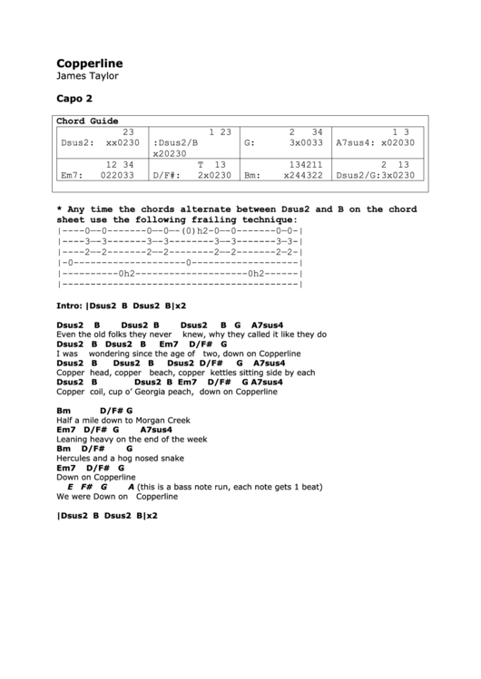 James Taylor - Copperline Chord Chart Printable pdf