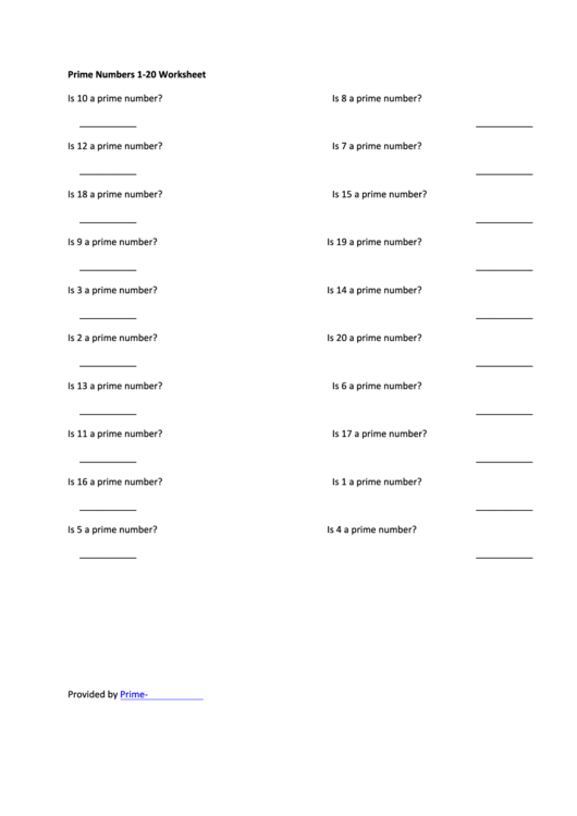 Prime Numbers 1-20 Worksheet Printable pdf