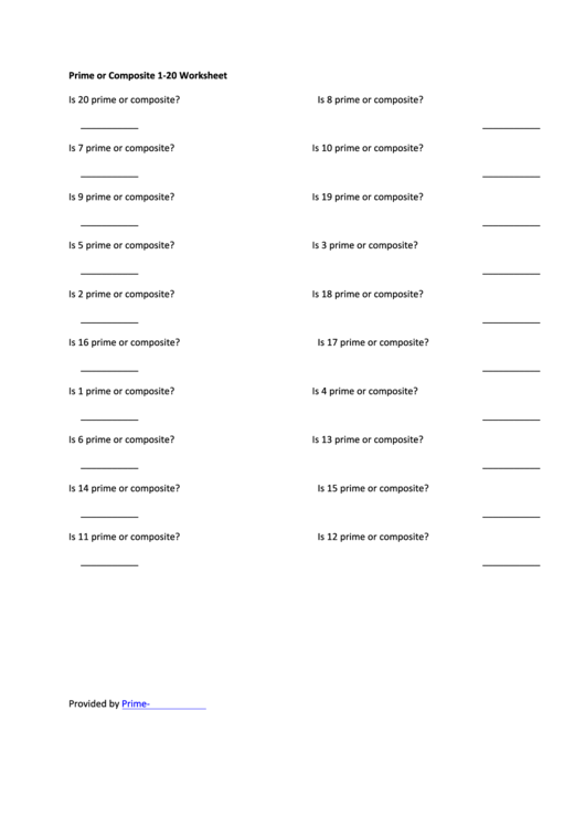 Prime Or Composite 1-20 Worksheet Printable pdf