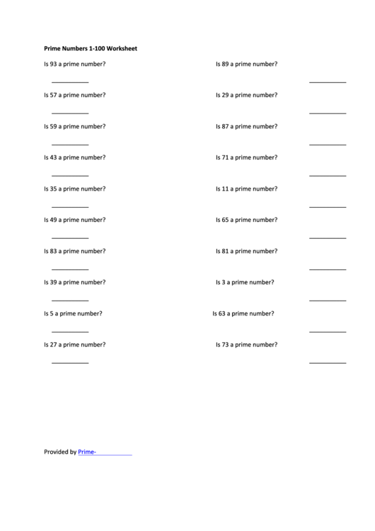 Prime Numbers 1-100 Worksheet Printable pdf