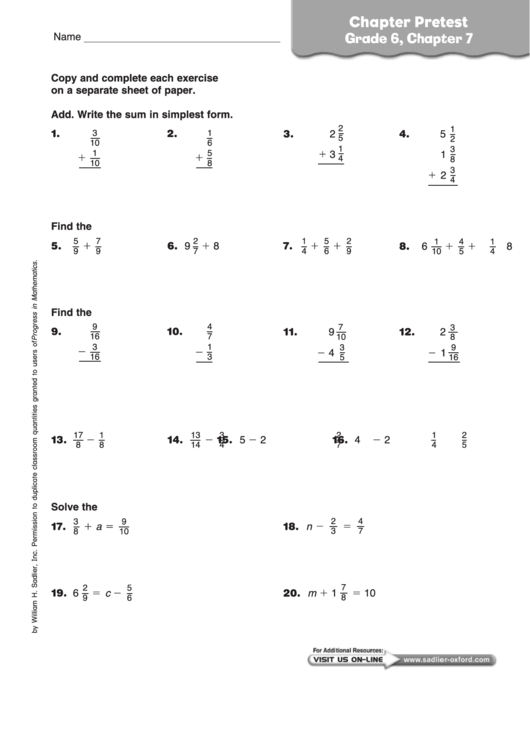 Math Activity Sheets Chapter Pretest Printable pdf